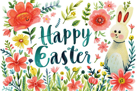 Happy Easter Greeting with Bunny and Watercolor Flowers Illustration.の素材
