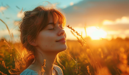 Woman Enjoying Serene Moment in Sunlit Field.の素材