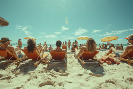 Group of People Relaxing on Lounge Chairs by the Seaside.の素材