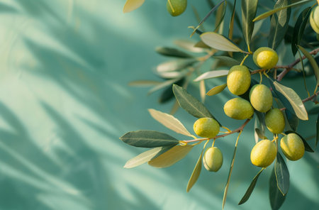 Branch of Yellow Green Olives on Tree with Soft Blue Background.の素材
