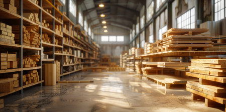 Sunlit Wooden Lumber Storage in a Spacious Industrial Warehouse.の素材