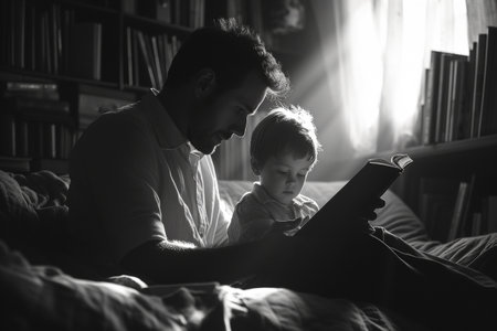 Silhouetted Father and Son Reading in Bed with Sunlight Streaming In.の素材