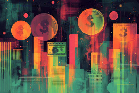 Futuristic Financial Skyline with Dollar Symbols and Abstract Urban Shapes.の素材