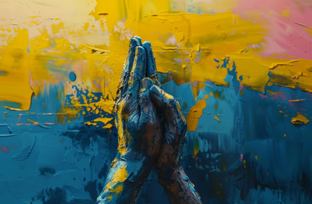 Hands in prayer on an abstract blue-yellow background.の素材