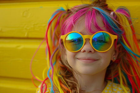 Young Girl with Colorful Hair and Sunglasses on Yellow Background.の素材