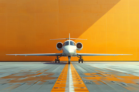 Private Jet Ready for Takeoff on Orange Tarmac at Sunrise.の素材
