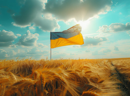 Ukrainian Flag Waving Over Golden Wheat Field Under Sunny Sky.の素材
