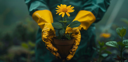 Caring Hands in Yellow Gloves Nurturing a Young Potted Sunflower.の素材