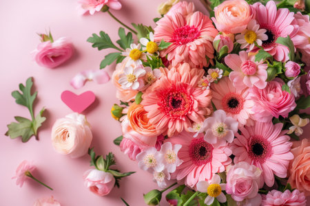 Vibrant bouquet of mixed pink flowers symbolizing love and affection.の素材