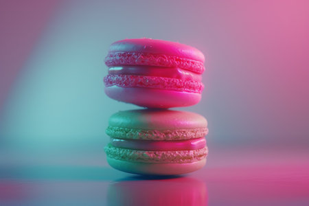 An artistic stack of colorful macarons bathed in a gradient of neon lights.の素材