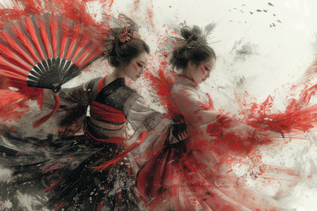 Traditional Asian Dancers with Fans in Dynamic Red and White Painting.の素材