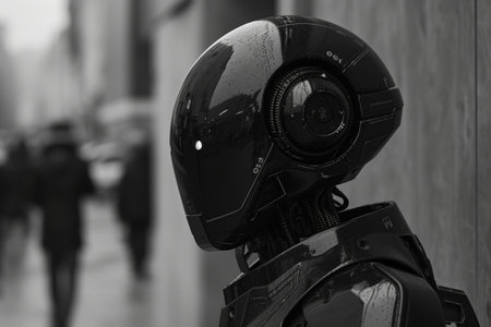 Monochromatic Close-up of Robot Head with Reflective Visor.の素材