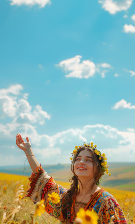 Joyful Young Woman in Bohemian Style with Flower Crown in Sunny Field.の素材