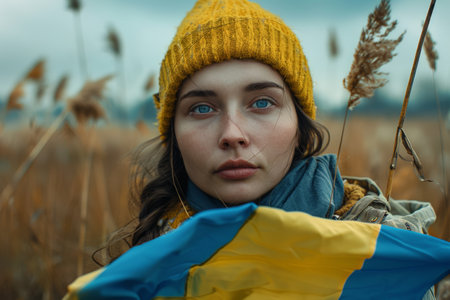 Young woman in yellow beanie holding Ukrainian flag in a field.の素材