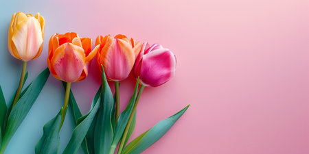 Vivid Tulips on Pink Gradient, Perfect for Springtime Decor.の素材