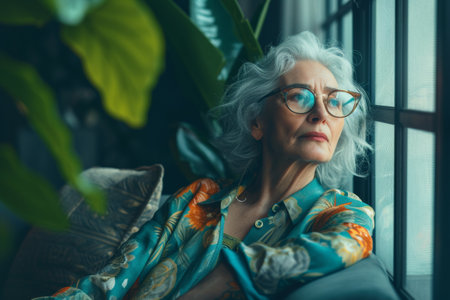Elderly Lady Gazing Outside Window in Thoughtful Solitude.の素材