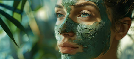 Close-up view of a woman's face partially covered with a textured green clay mask, conveying a serene spa experience and skincare routine.の素材
