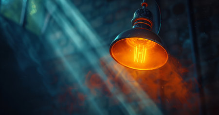 Lamp with an industrial design emits a warm soft light in dark.の素材