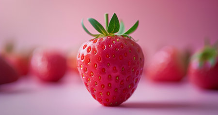 Single Fresh Strawberry on Pink Background with Soft Focus.の素材