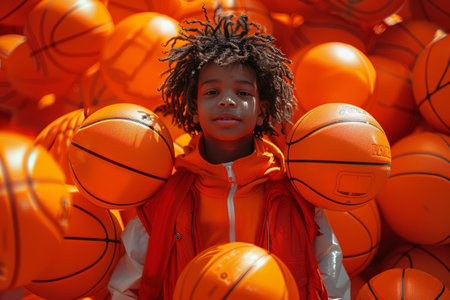 Young Athlete Dreaming Big Surrounded by Basketball Dreamscape.の素材