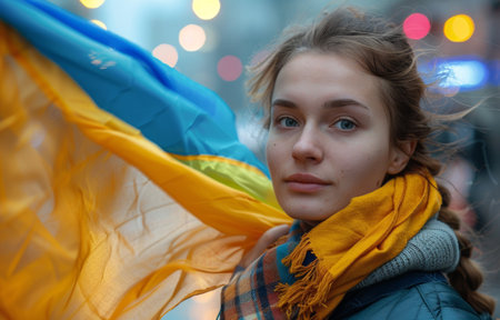 Young Woman with Ukrainian Flag on City Street.の素材