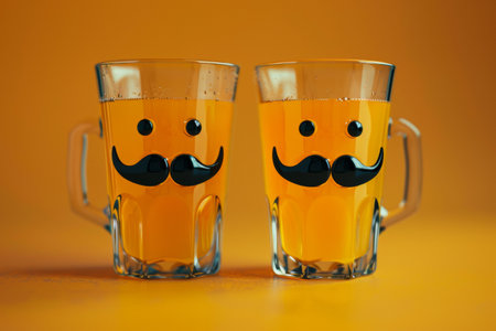 Beer mugs with mustaches creating a fun atmosphere.の素材