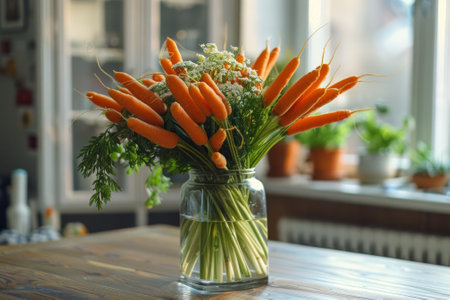 Fresh carrots with green tops arranged in a glass jar.の素材