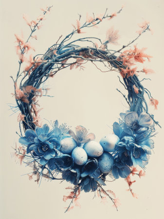 Floral Easter Wreath with blue flowers and eggs.の素材