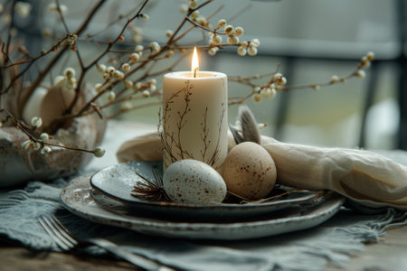 Candle in a ceramic holder surrounded by spring blossoms and speckled eggs on a soft fabric backdrop.の素材