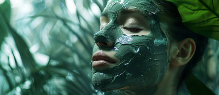 A woman's face is adorned with a glossy green clay mask, eyes closed in relaxation amid a backdrop of lush foliage.の素材
