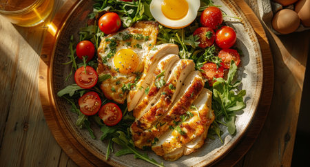 Grilled Chicken and Eggs on Arugula Bed with Bright Sunlight and Tomatoes.の素材