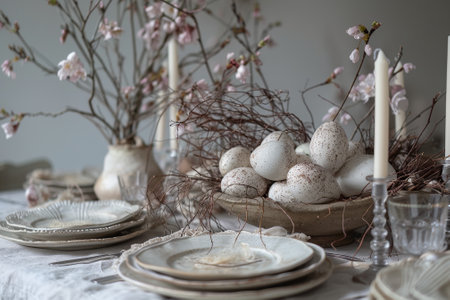 Elegant Easter inspired table setting featuring speckled eggs in a rustic bowl with a backdrop of blooming branches and pastel tones.の素材