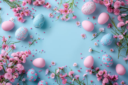 Flat lay of Easter eggs and fresh pink blooms against a blue backdrop.の素材