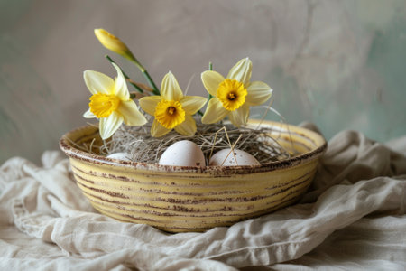 Easter decor rustic bowl speckled eggs and vibrant yellow daffodils.の素材