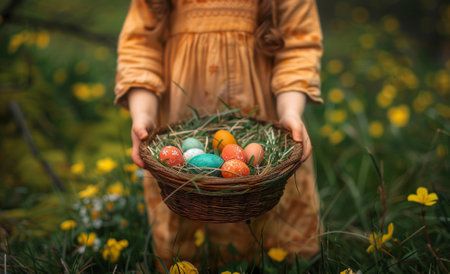 Child holding a wicker basket filled with colorful Easter eggs amidst a blooming meadow.の素材