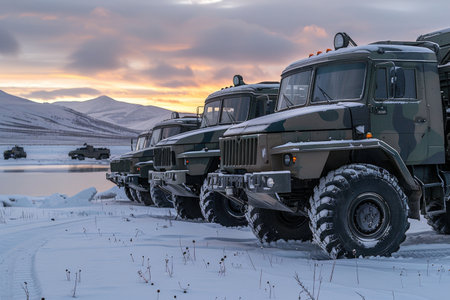 Line of military trucks on a snowy road at dusk.の素材