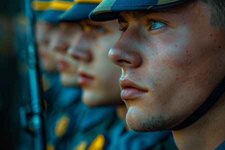 Intense close-up of a young soldier's face.の素材