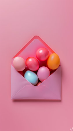 A creative presentation of Easter eggs in various hues neatly tucked inside a pink paper envelope.の素材