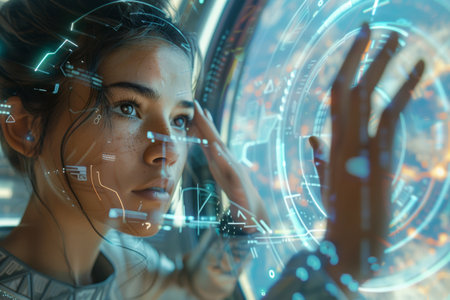 Woman interacting with futuristic holographic interfaces of reality and digital innovation.の素材