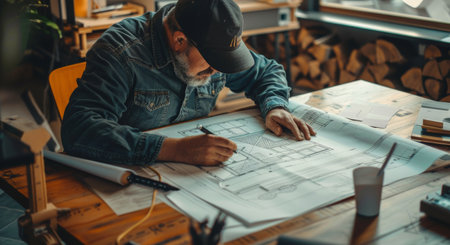 Mature Architect Concentrating on Blueprint in Modern Studio.の素材