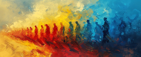 Vibrant Abstract March of Silhouettes in Blue, Yellow, and Red.の素材