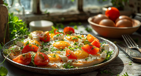 Sunlit Chicken and Egg Breakfast with Herbs and Cherry Tomatoes on Vintage Plate.の素材