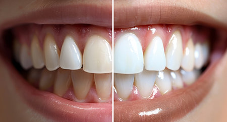Split image comparison showing the remarkable results of teeth whitening treatment.の素材