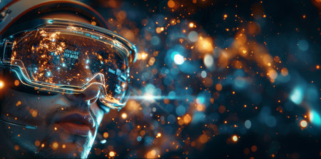 Man immersed in a virtual reality experience with cosmic visuals displayed on his futuristic goggles.の素材