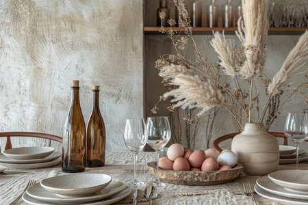 Rustic Elegance Dining Easter Decor graced with dried grasses in neutral toned vases and a tray of eggs.の素材