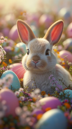 Easter bunny peeks through a vibrant array of painted eggs and blossoms.の素材