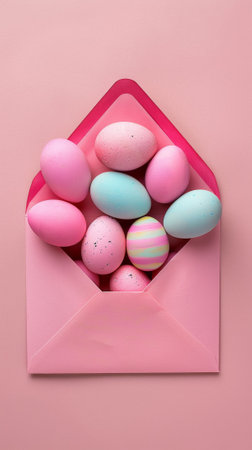 A creative presentation of Easter eggs in various hues neatly tucked inside a pink paper envelope.の素材