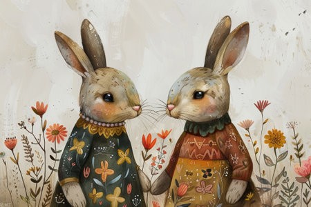 Illustration of a bunny couple with flowers.の素材