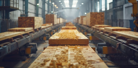 Industrial timber processing with wood planks on conveyor.の素材