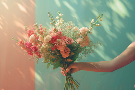 Delicate Floral Bouquet in Sunlit Room with Soft Shadows.の素材